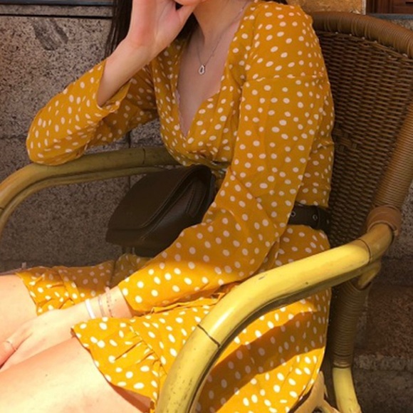 SOLD-Yellow polka dot wrap dress with ruffled-trim - Picture 3 of 4